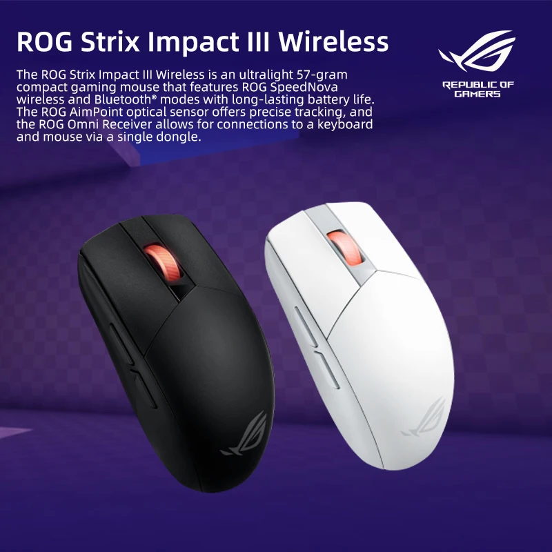 Asus ROG Strix Impact III Wireless Gaming Mouse, 36K DPI Sensor, Bluetooth & 2,4GHz RF, ROG SpeedNova