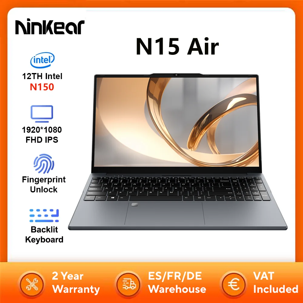 Image of Ninkear N15 Air Laptop Intel N150 16GB DDR4 512GB SSD 15.6" FHD Tastiera retroilluminata 180 ° Flip 46.2WH Notebook per computer da ufficio sottile cod004