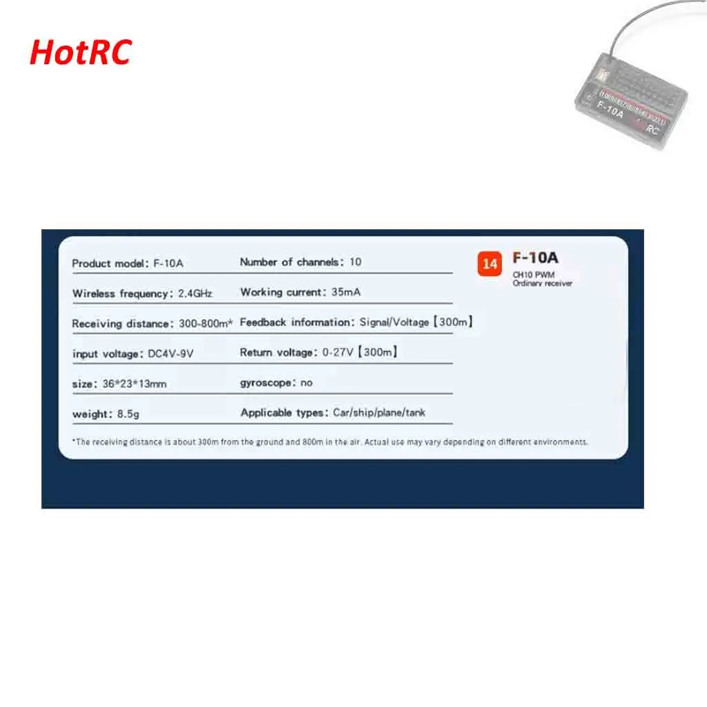 

HotRC F-10A 10CH 2.4G PWM Receiver Voltage Return DC4V-9V Radio System for CT-10B HT-10A Transmitter RC Car Airplane Tank Boat