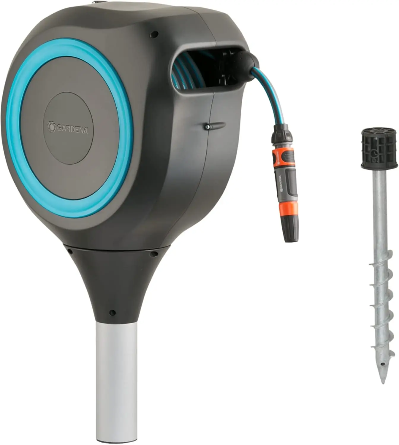 

66' Ft Auto Retractable Hose Reel on Metal Spike, Feet, Standard, Turquoise 360 degree rotation