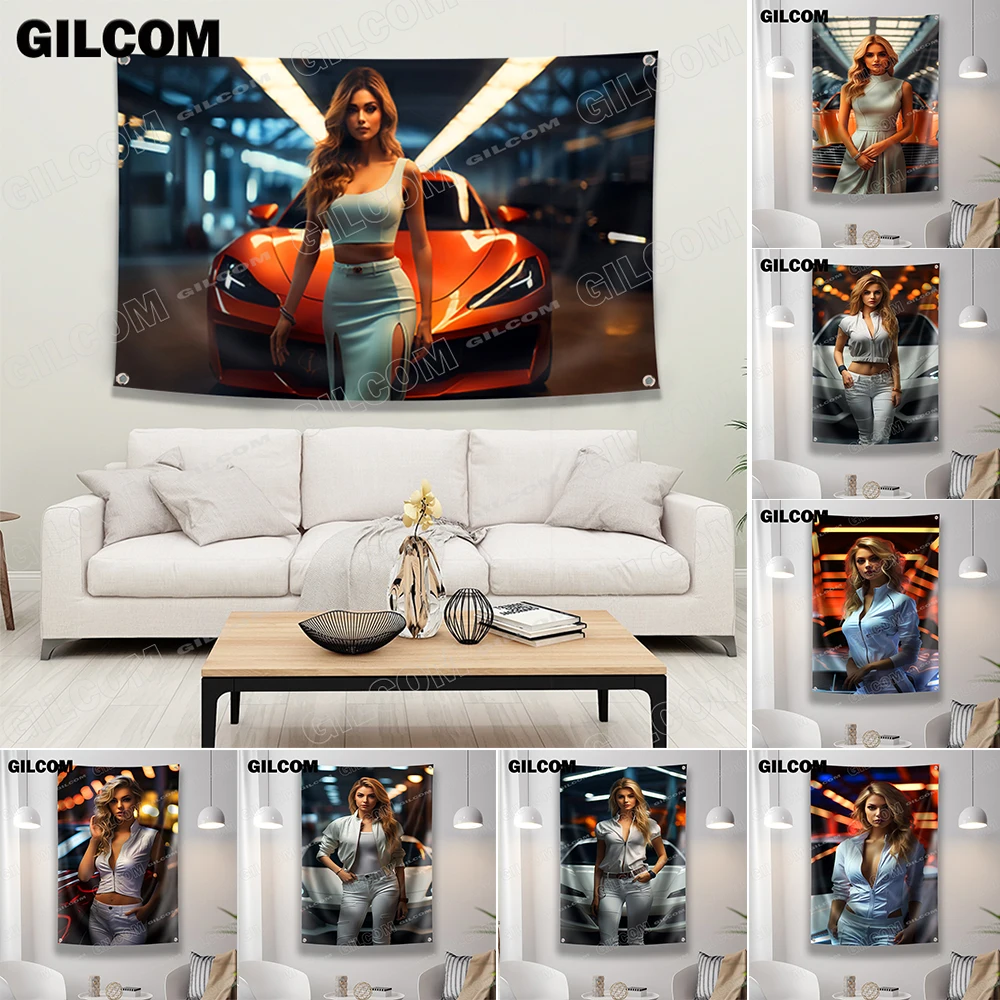 

White Sexy Sport Car Flag Competition Exercise Racing Poster Tapestry Yard Idea For Party Banner Table Wall Decoration Room Home