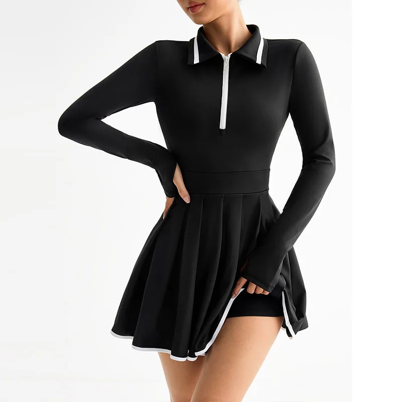 Women Long Sleeve Sports Tennis Dress High Waist Casual Golf Dresses with Shorts Slim Fit Polo Collared Golf Sports Skirts