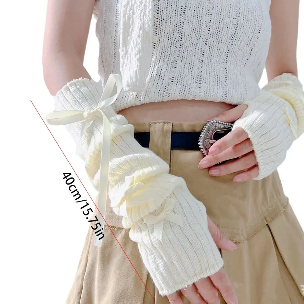 Elastico Y2K maniche calde nastro bowknot stile balletto scaldamuscoli lavorati a maglia con fiocco guanti lunghi dolci guanti senza dita
