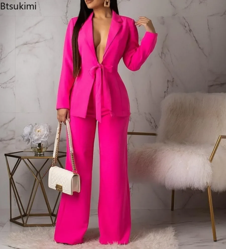 New 2024 Women\'s Formal Business Suit Sets Office Wear Two Piece Blazer Pants Sets Professional Woman Suit With Waist Tied Sets