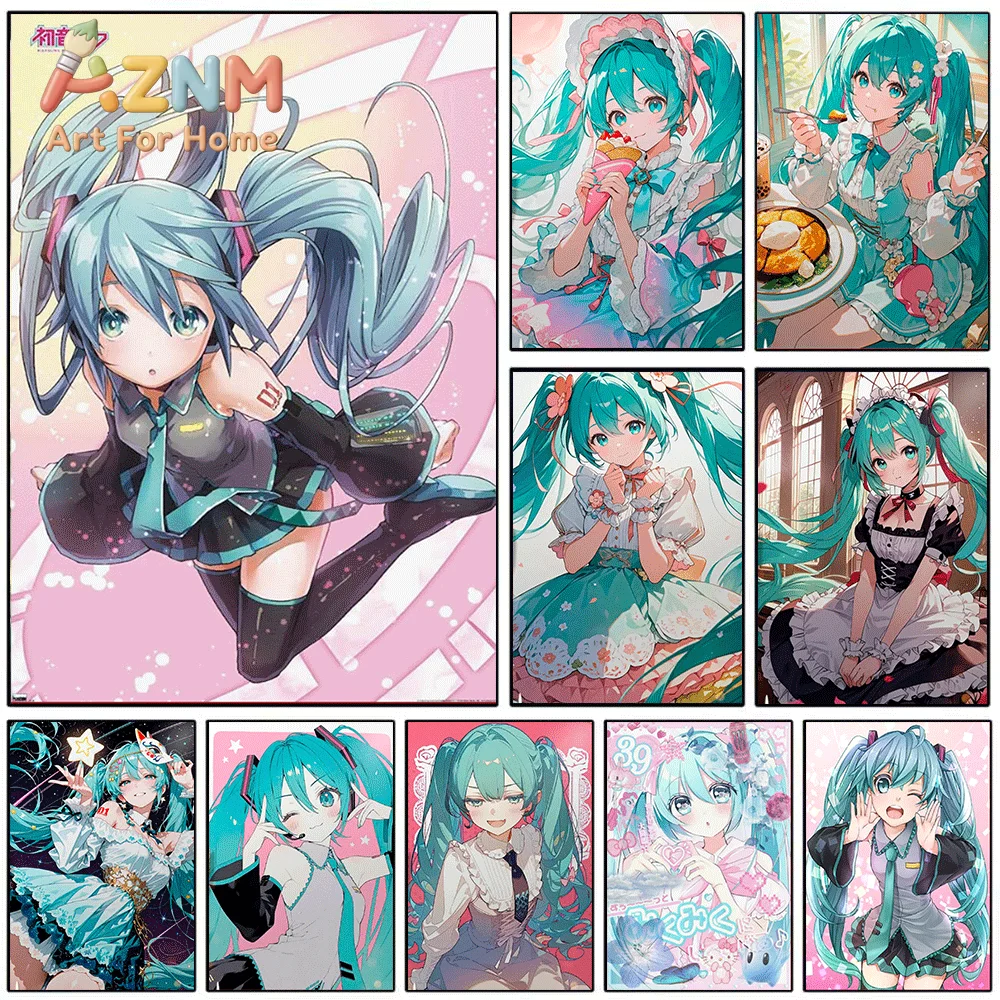 AZNM Hatsune Miku Sweet Lolita Dress Canvas Painting, Frameless Canvas Wall Art, Virtual Singer Anime Wall Painting for Bedroo