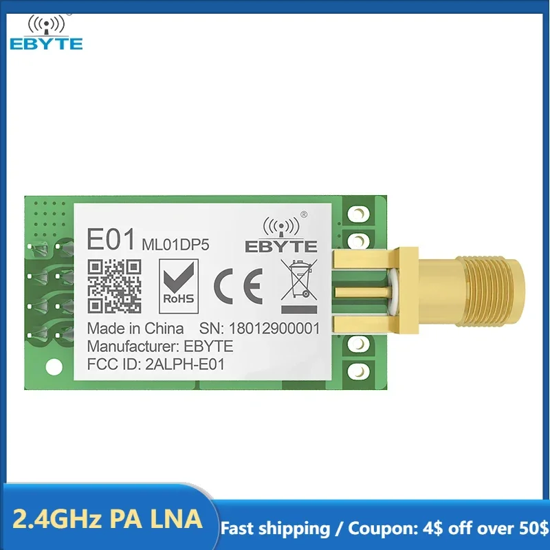 NRF24L01P 2.4GHz PA LNA 20dBm Módulo Sem Fio Antena SPI SMA-K Transceptor Receptor Tansmitter EBYTE E01-ML01DP5