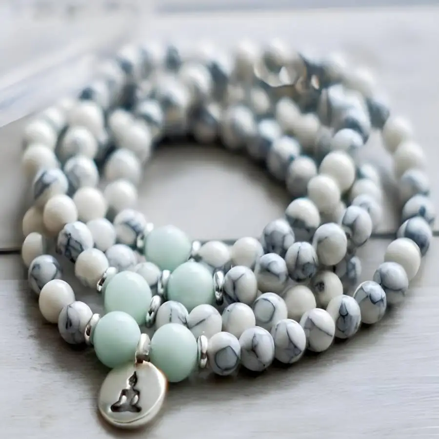 

6mm Howlite Bracelet 108 Beads Buddha Pendant Yoga Men's Mala Hand Zen Tibetan tassel Japa Bohemian Chakra Prayer elastic Sacred