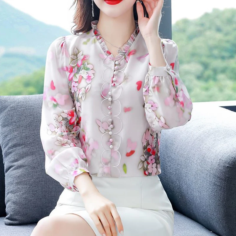 Women Clothing 2024 Autumn Fashion Floral Print Ruffle Blouses Elegant Chic Long Sleeve Shirts Ladies Casual Loose Chiffon Tops