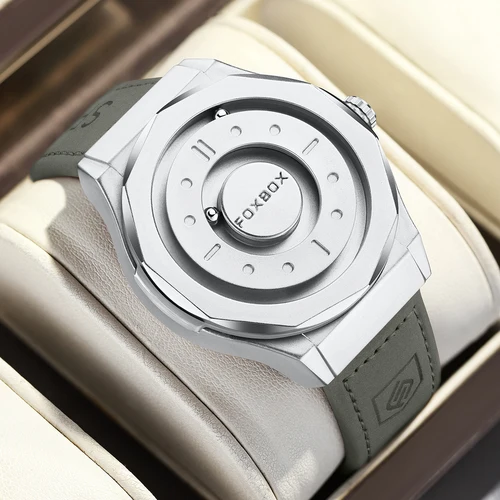 Relojes FOXBOX para hombre, reloj de cuarzo de acero inoxidable, puntero de desplazamiento creativo, reloj de pulsera de fuerza magnética, relojes Masculino + caja