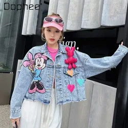 Heavy Industry Cartoon Beaded Denim Short Coat for Women 2024 Spring and Autumn New Fashion Brand Loose Top Denim Jacket Female