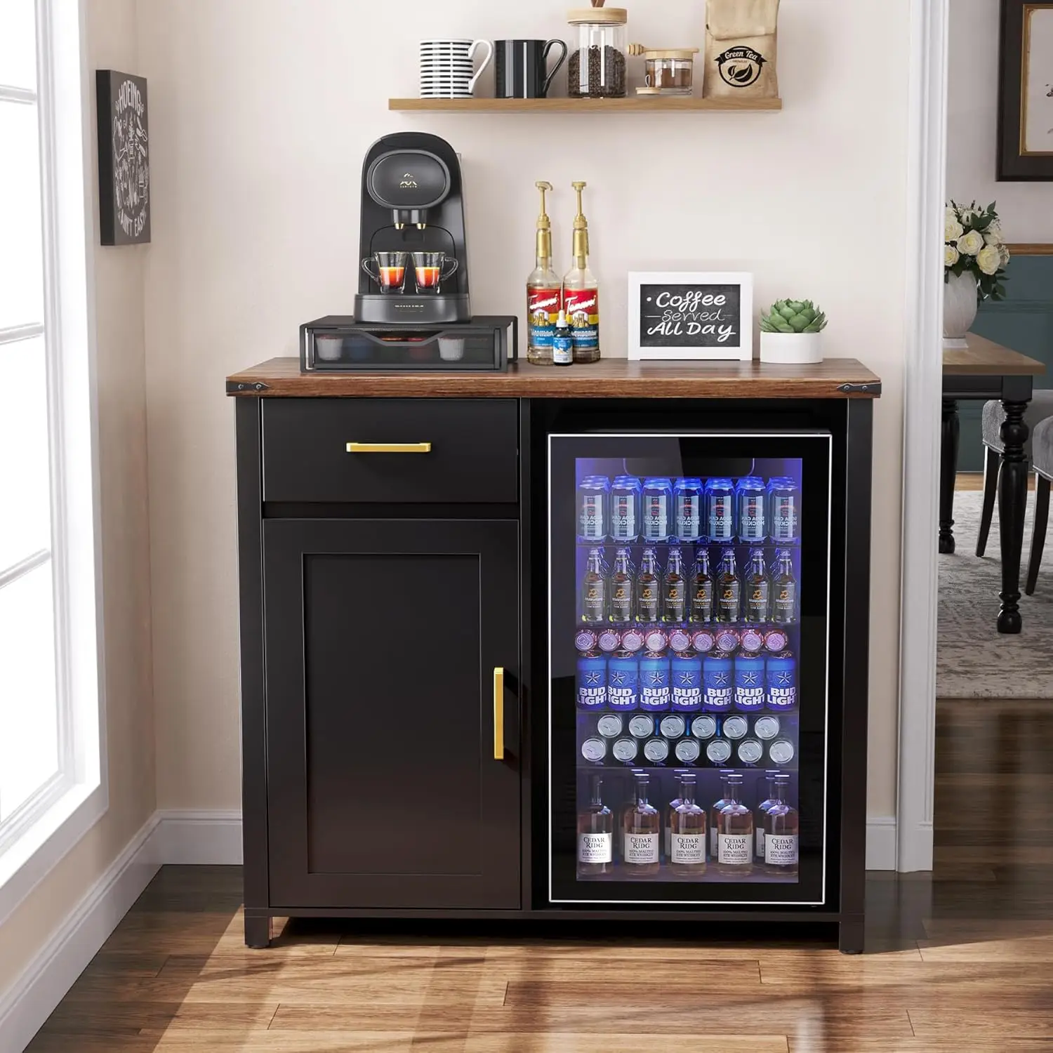 Coffee Bar with Mini Fridge, Cabinet Stand for Dorm, Kitchen, or Office, 39.4' W X 20.9' D
