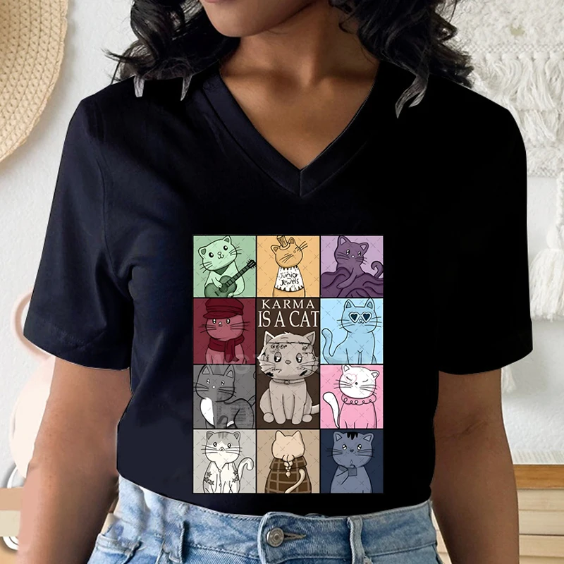 Karma Is A Cat Shirt Music Tour Fashion Short Sleeve T-shirt Women Midnights Cat Vintage T Shirts Cute Animal Lovers Casual Tops