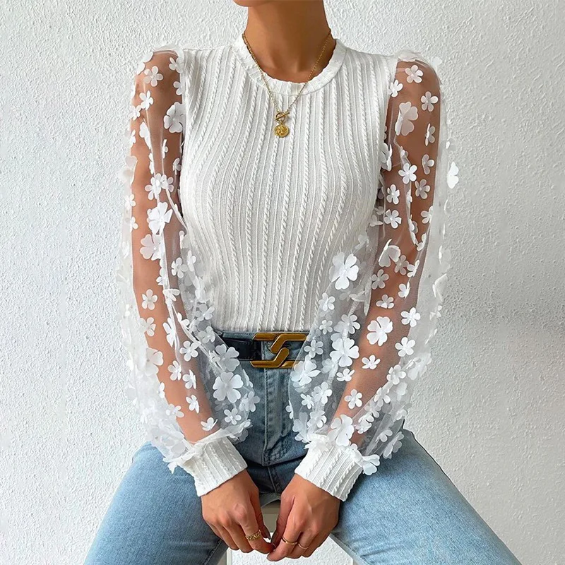 

Elegant Women's Blouse White Shirt 2024 Spring Summer Floral Panel Long Sleeve Solid Shirts Office Lady Tops Shirts S-XXL