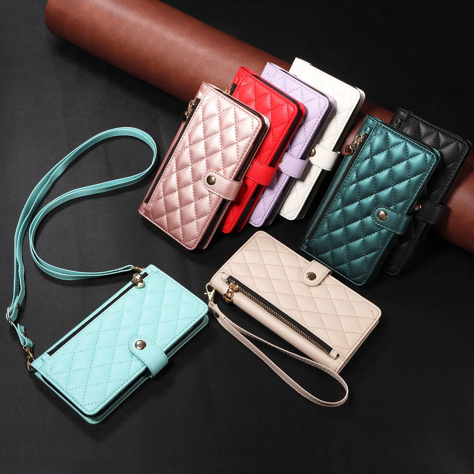 

Zipper Wallet Case For Samsung Galaxy S25 S24 S23 S22 Note 10+ 20 Ultra Luxury Flip Leather Card Stand Cover Protect Shell Strap