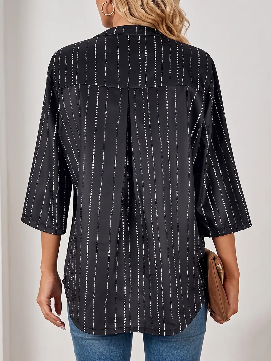 Women Casual V Neck 3/4 Sleeve Pleated Front Blouse with Metal Ring Printed Striped Loose Tunic Top Fashion Ladies Shirt
