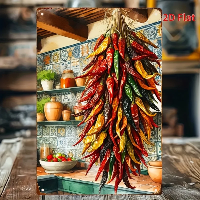 New-Vintage Metal Tin Sign Wall Decor - Rustic Kitchen Chili Art Poster with Colorful Peppers & Tile Design,  for Home
