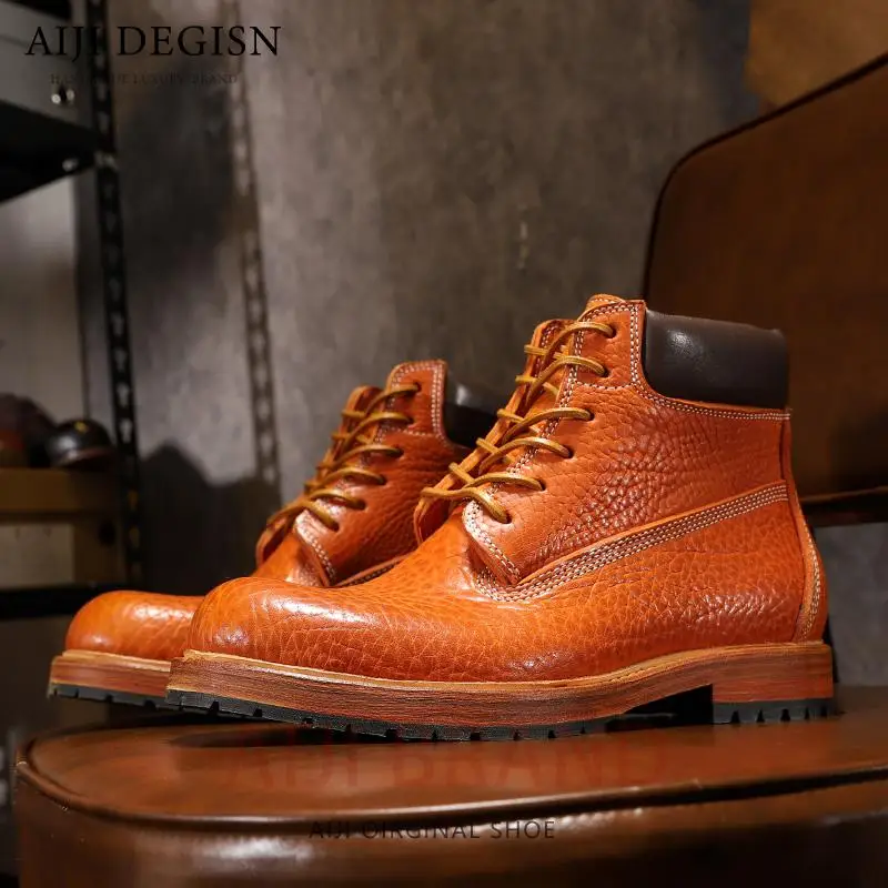 

Luxury Retro Men Motorcycle Boots Genuine Leather Thick Sole Outdoor Work Shoes Handmade Premium Ankle Western Boots