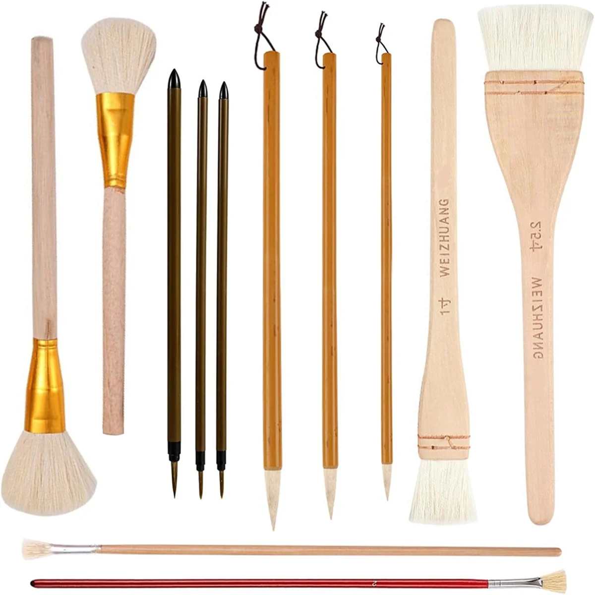 12Piece Pottery Glaze Brush Set Assorted Shapes for Pottery, Watercolor - Wool Bristle Art Paintbrushes for Artists