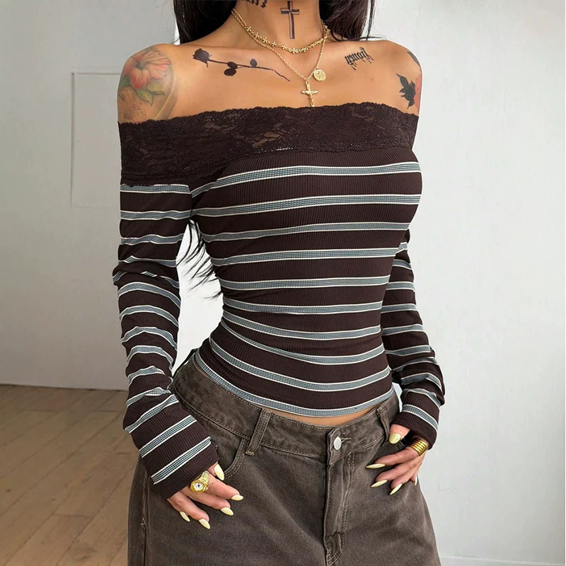 BKLD Off-shoulder Slash Neck Stripe Lace Patchwork Vintage Sexy Tight Fit Backless Women's Casual Fashion T-shirt Knit Crop Tops