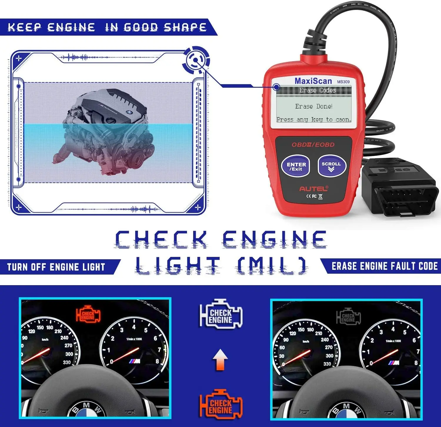 OBD2 Scanner MS309 Universal Car Fault Code Reader, Check Engine Light & Emission Monitor Tool