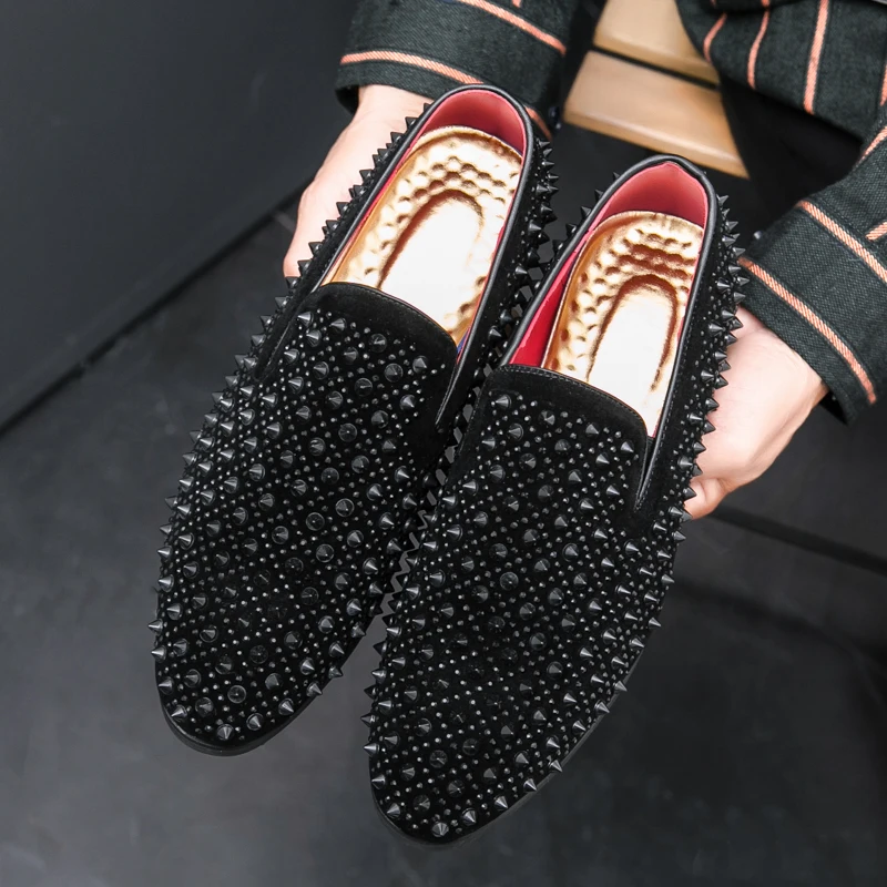

Black Suede Studded Spikes Moccasins Shoes Mens Smocks Sandals Casual Shoes Men Party Dress Apartments Loafers Zapatillas Hombre