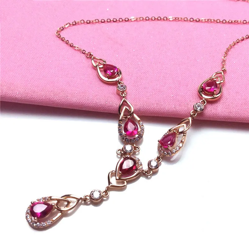 585 Purple Gold Plated 14K Rose Inlaid Water Drop Ruby Pendant new in Chain Necklace Luxury Wedding Fashion Dinner Jewelry Gift