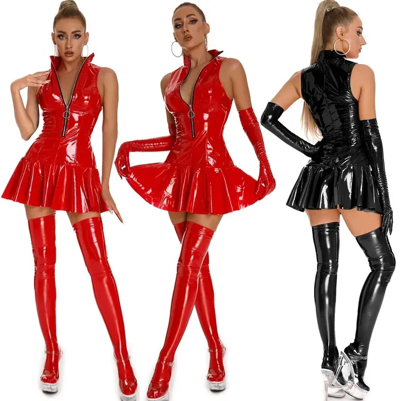 SN55Women Sexy Glossy PVC Leather Slip Dress Lady Erotic Shaping Pleated Short Dress Zipper  Breast Exposing Latex Mini $@1w