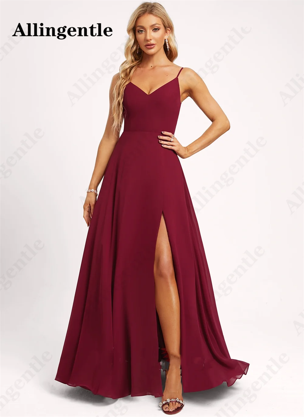 Allingentle Burgundy Spaghetti Straps Bridesmaid Dresses for Wedding 2024 V-Neck A-Line Evening Gown With Side Slit Floor Length