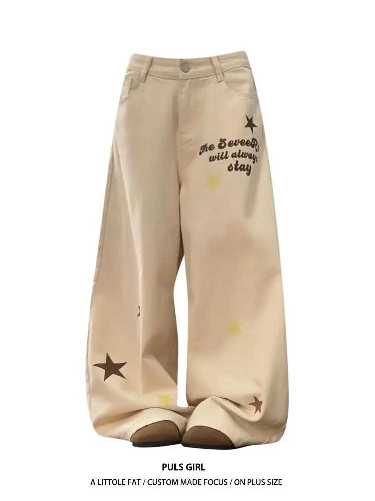 

Loose Fit Wide Leg Jeans Women's American Retro Star Letter Print Bow Knife Jeans plus Size Casual High Waist Pants