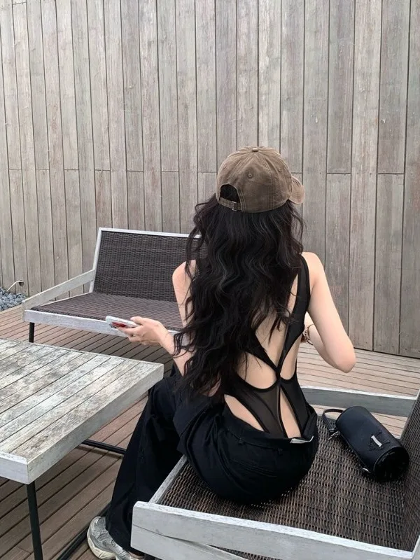 Black Cross-Back Crop Top Strapless Hollow out Design Slimming Sexy Backless One-Piece Summer Fashion for Trendy Girls