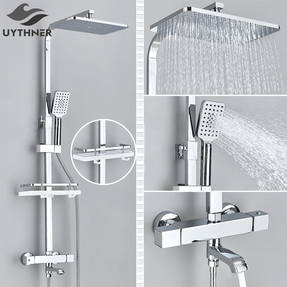 Bathroom Thermostatic Shower Faucet Rainfall Head Wall Mounted Bathtub Mixer Tap Thermostat Control Bath Shower Sets System