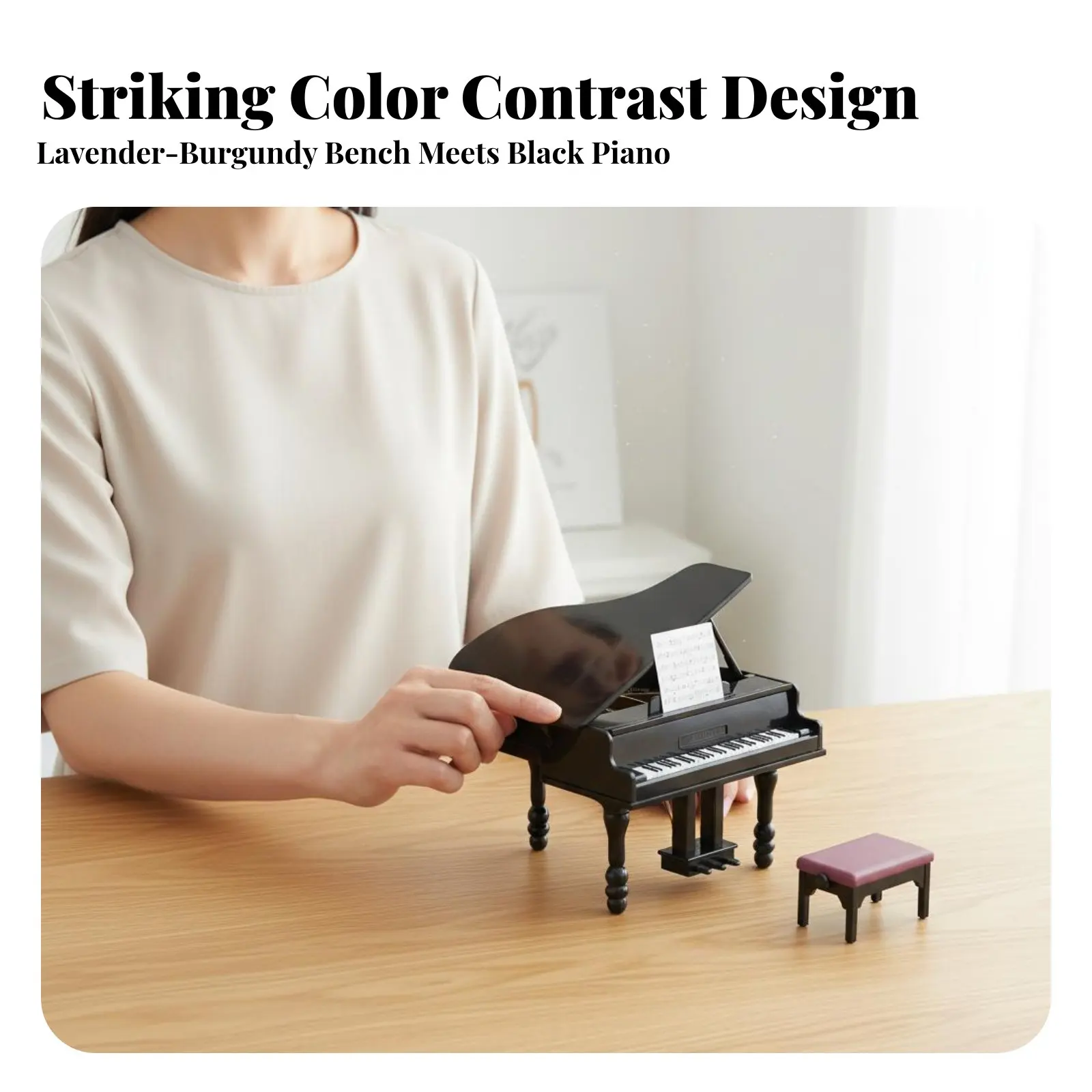 Dollhouse Piano with Bench Photography Prop Miniature Piano and Stool Set Toy Musical Instrument Realistic Design Opening Lid