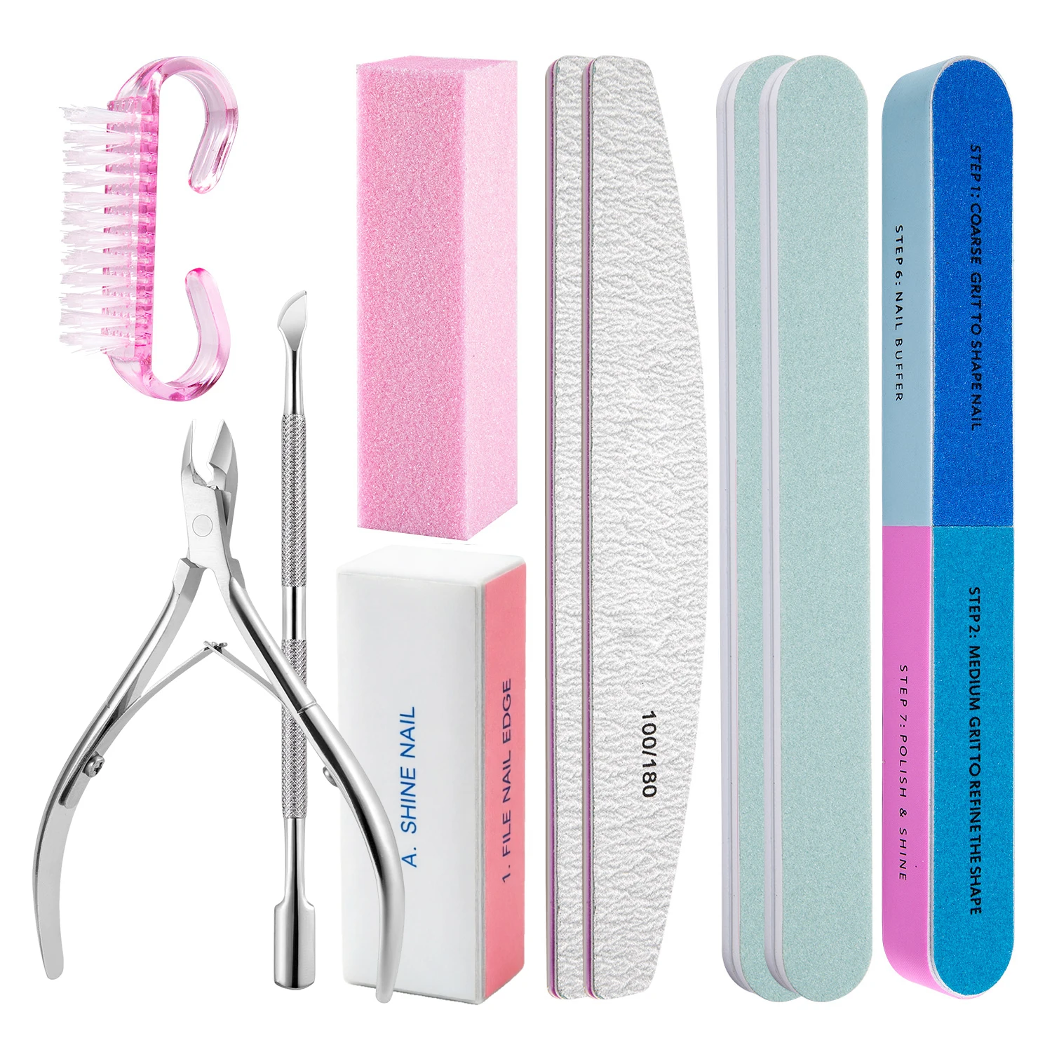 10Pcs Manicure Tool Kit Nail Files Cuticle Nipper Pusher Nail Scissors Buffer Sponge Block Nail Art Accessories Salon Home Use image 2