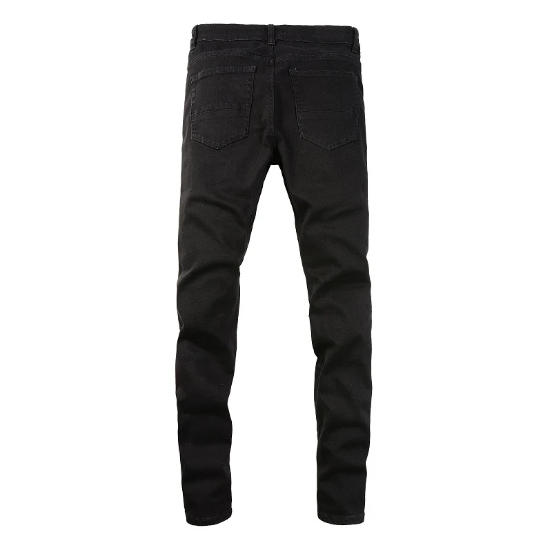 Herren Jeans mit Silber-Leder-Patches, Streetwear, Skinny Tapered Stretch Denim Hose mit Löchern, Ripped Patchwork Schwarze Hose – Detail 15
