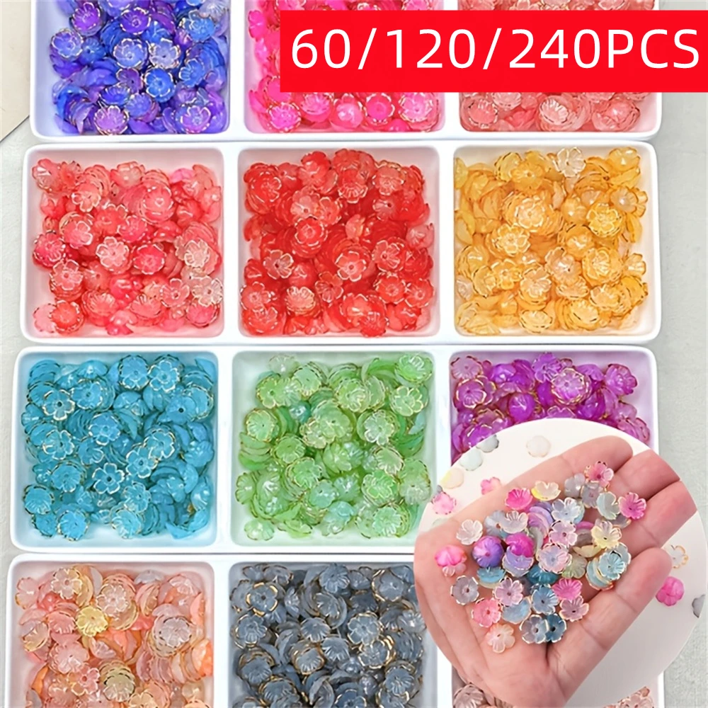 120pcs 11mm Acrylic Center Hole Flower Beads, Gradient Colored Cherry Blossom Loose Spacing Beads DIY Bracelets, Necklaces, Ring