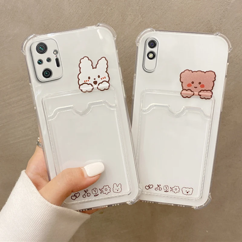 Transparent Card Slot Holder Phone Case for Xiaomi Redmi Note 10 Pro Max Note10 Redmi 10 10s Korea Bear Pocket Bag Cover