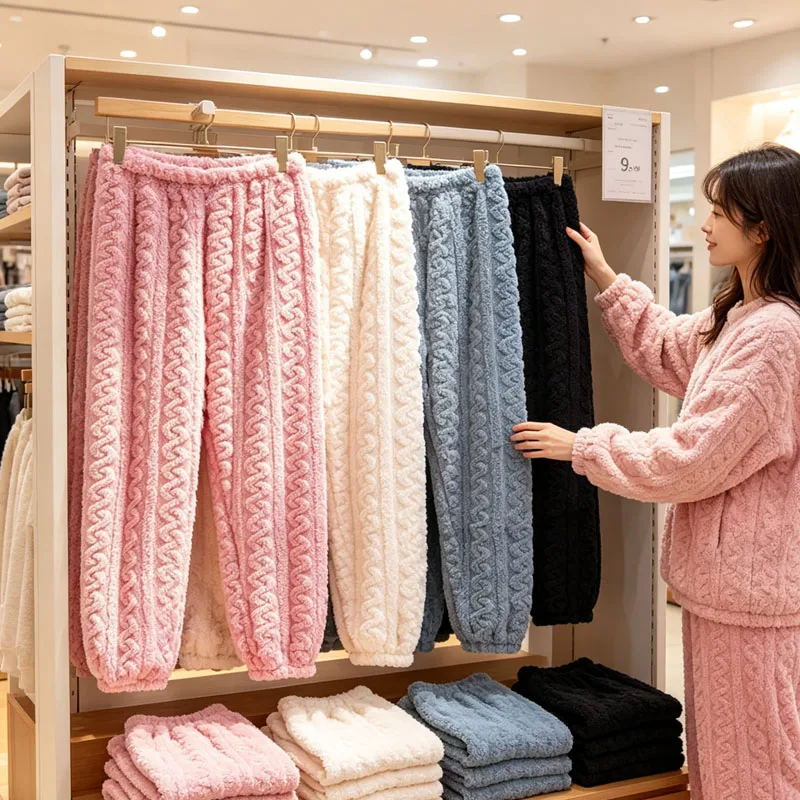 Women Coral Fleece Pants Thickened Warm Cable Knit Lounge Bottoms Relaxed Fit Sleep Pajama Pants for Home Winter Wear