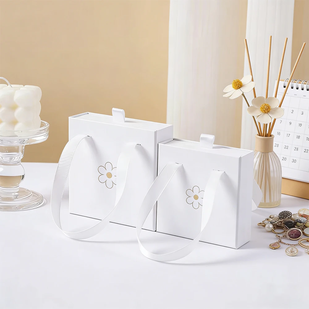 

100-pack Custom Handbag Ribbon Fashion Jewelry Packaging Portable Drawer Box Earring Necklace Bracelet Wedding Gift Paper Boxes