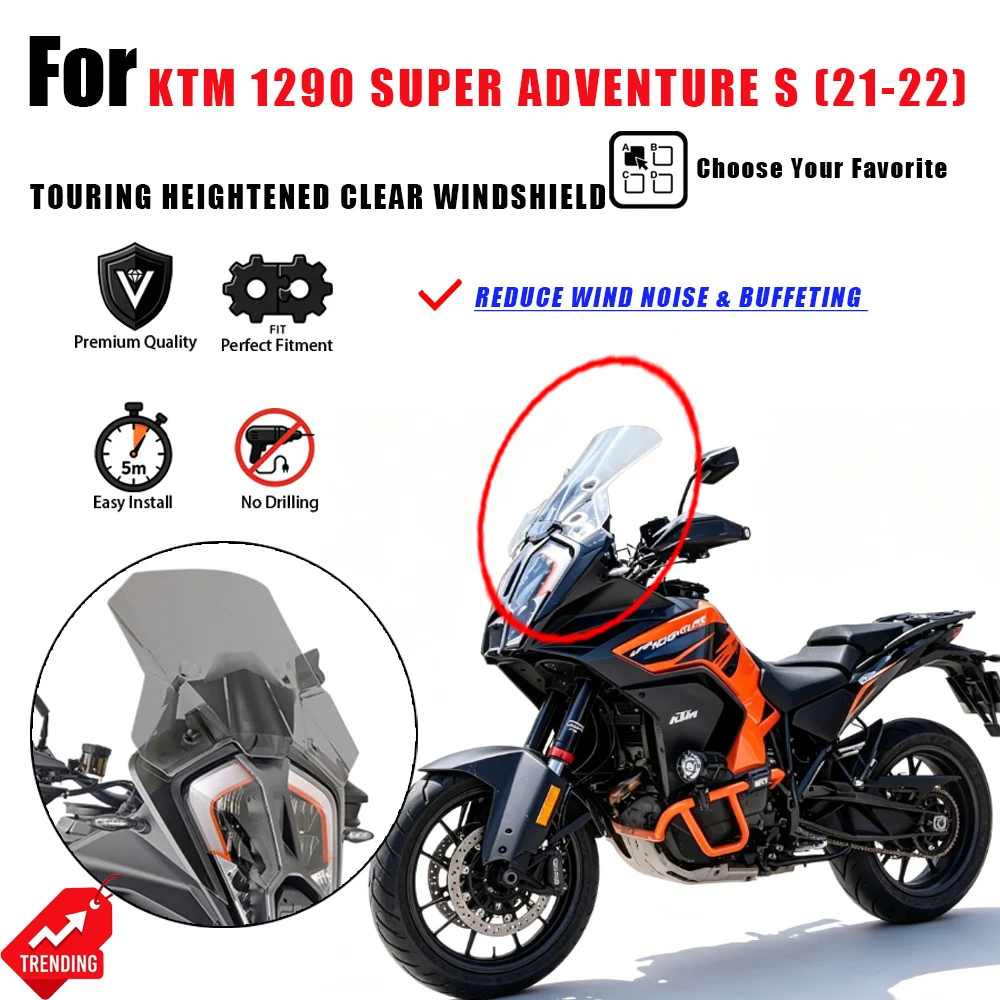 Parabrezza Rialzato Trasparente per KTM 1290 Super Adventure S 2021-2022, Accessori Moto Cupolino
