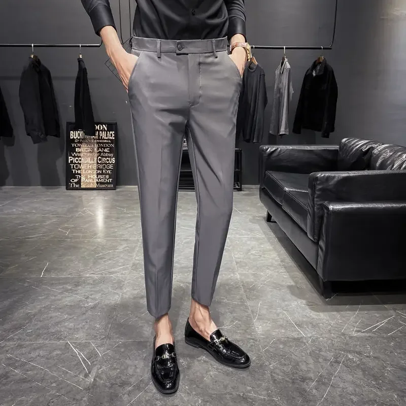 Draped Fluid Black Men\'s Summer Pants Solid Color Male Suit Trousers New in Elegant Slacks Formal Cheap Fabric Tailoring 2024 Up