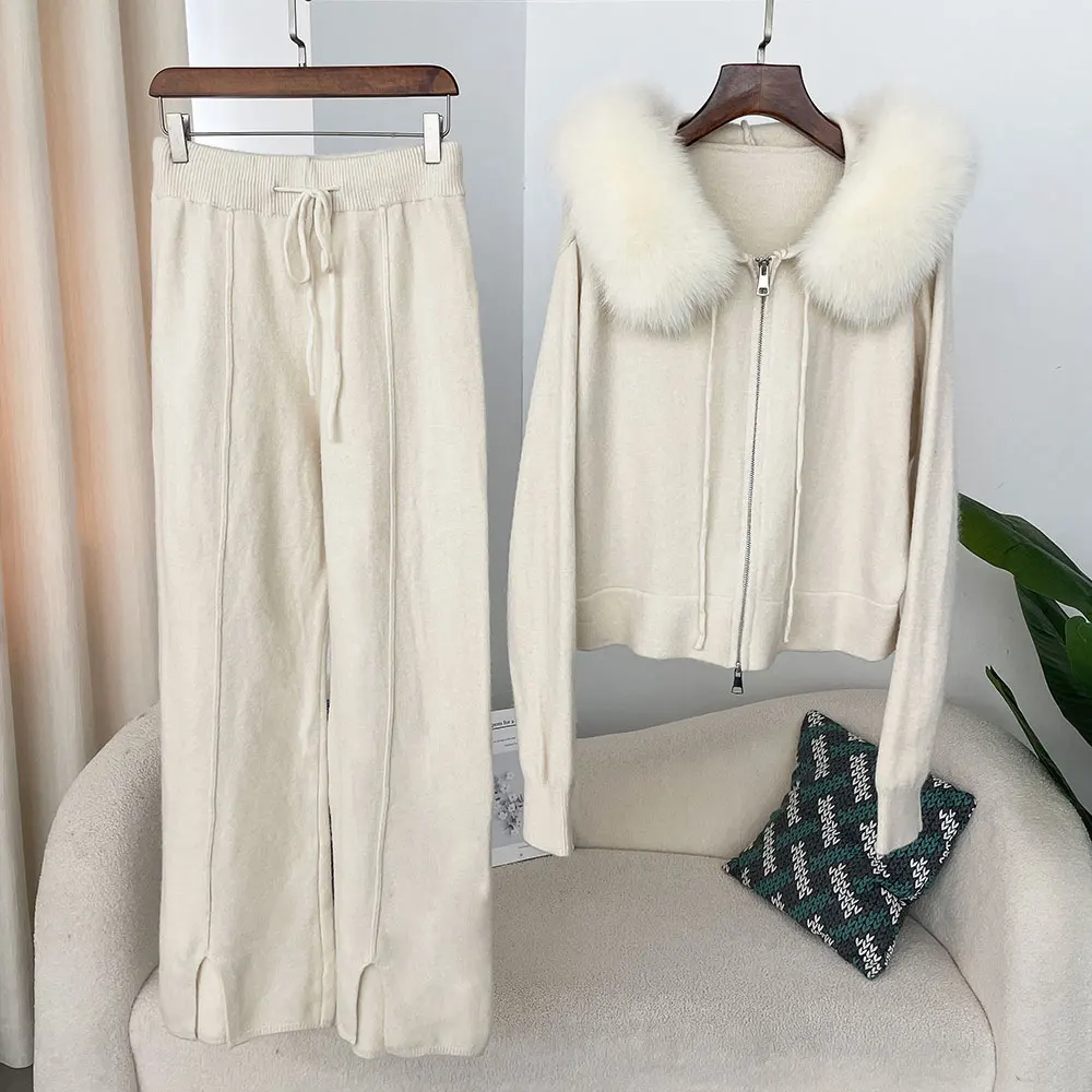 Knitwear Trousers Hooded Jacket 2024 Autumn and Winter Fashionable Sweater Suit Women Detachable Fox Fur Collar Fur Coat