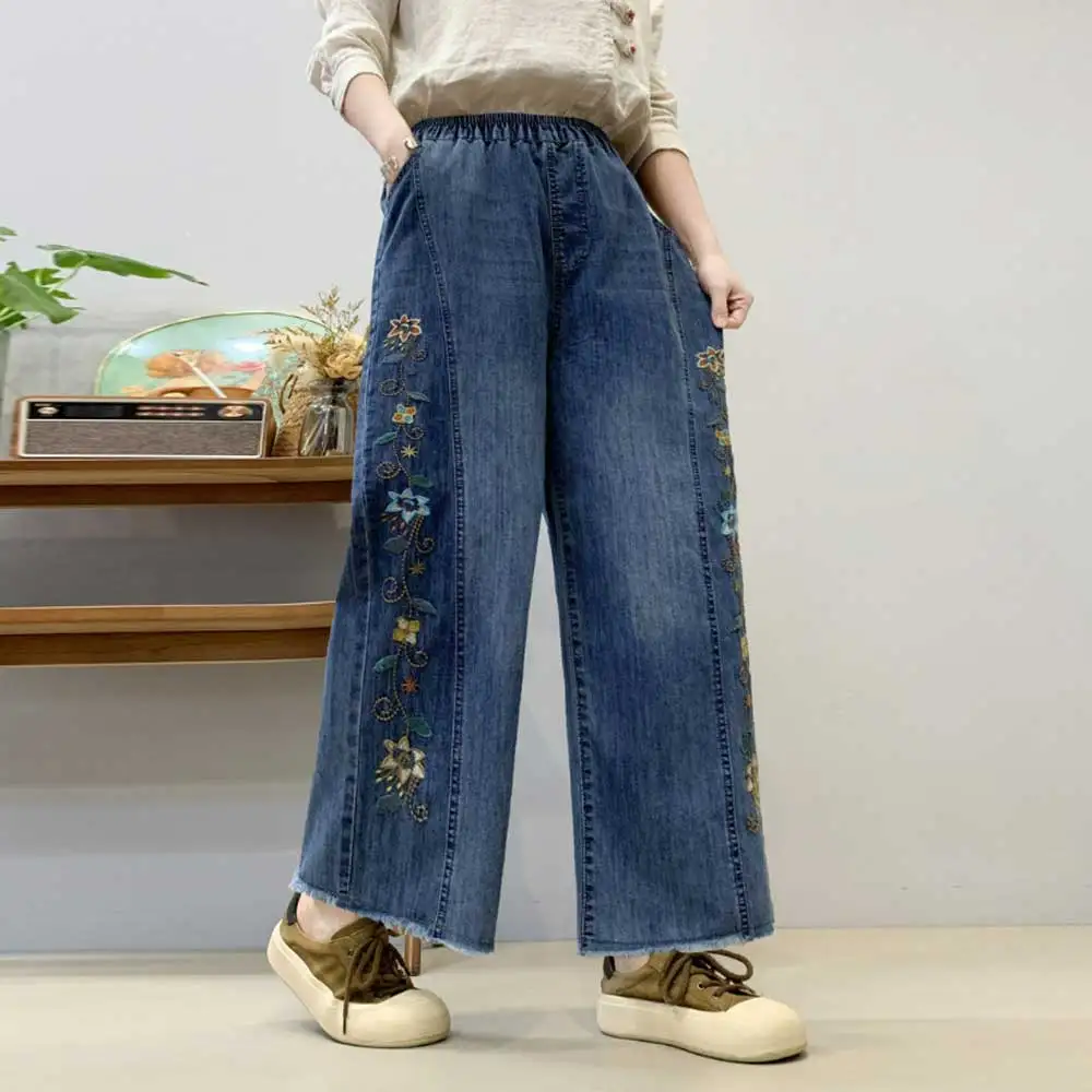 

Японские винтажные джинсовые широкие брюки с цветочной вышивкой для девочек Mori, женские весенние повседневные свободные прямые джинсы с эластичной резинкой на талии