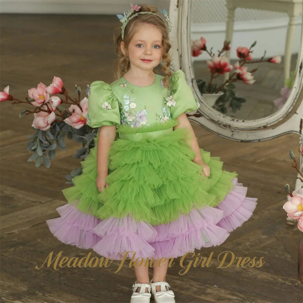 Meadow Grass Green Princess Girls Dress Round Neck Short Sleeve Ball Gown Party Tutu Dresses mbroidery Tutu Fluffy Prom Gown