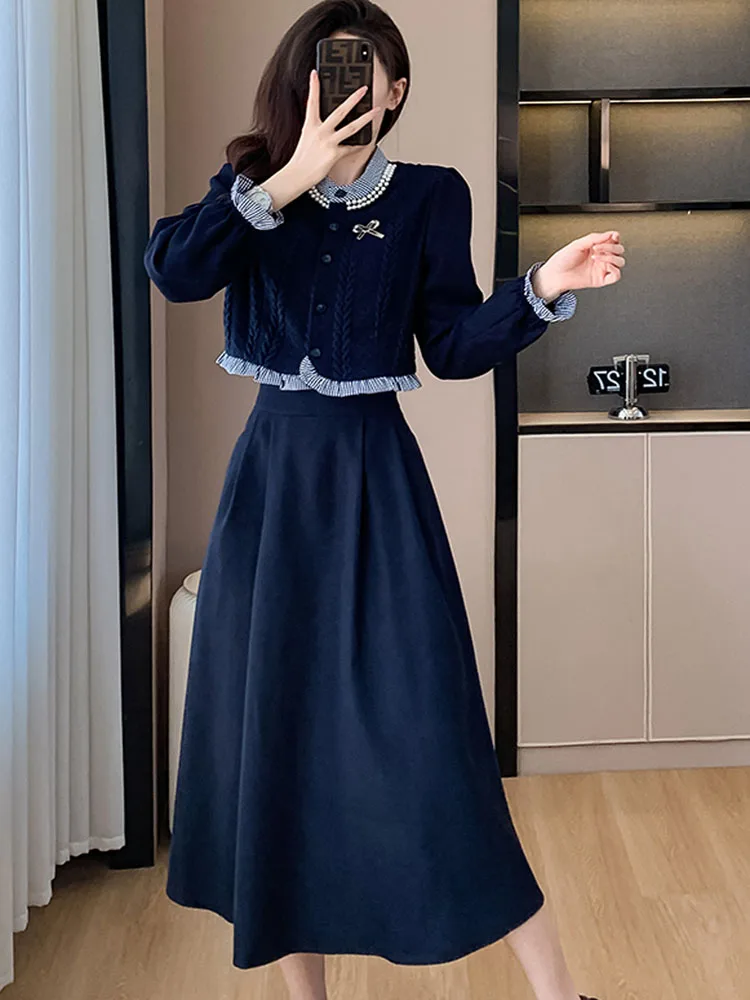 2023 Autumn Fashion Two Pieces Set Korean Women Vintage Ruffles Knitted splicing Shirt Top + A-Line Midi Skirts Elegant Outfits