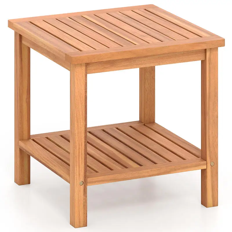 Acacia Wood Patio Side Table, 2-Tier Outdoor End Table with Slatted Top and Storage Shelf for Garden, Balcony, Poolside, Natural Finish