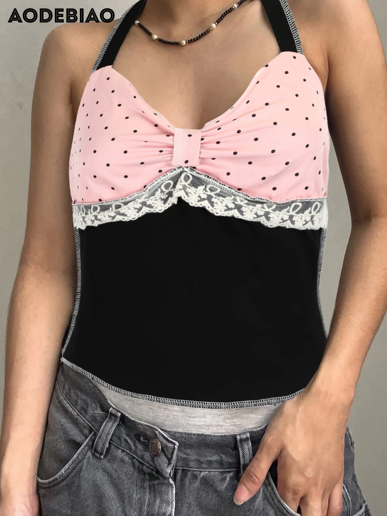 

AODEBIAO Y2K Women's Camis Summer Sexy Slim Basic Halter Crop Top Women Gothic Streetwear Patchwork Lace Fashion Casual Camisole