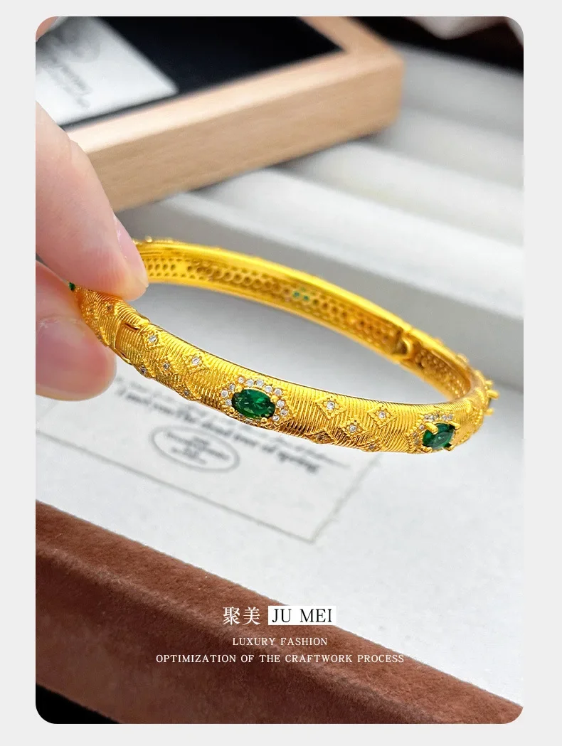 NovaGlod Popular ancient emerald bracelet emerald 24K real gold diamond inlay craft Italian brushed buckle 9999 bracelet
