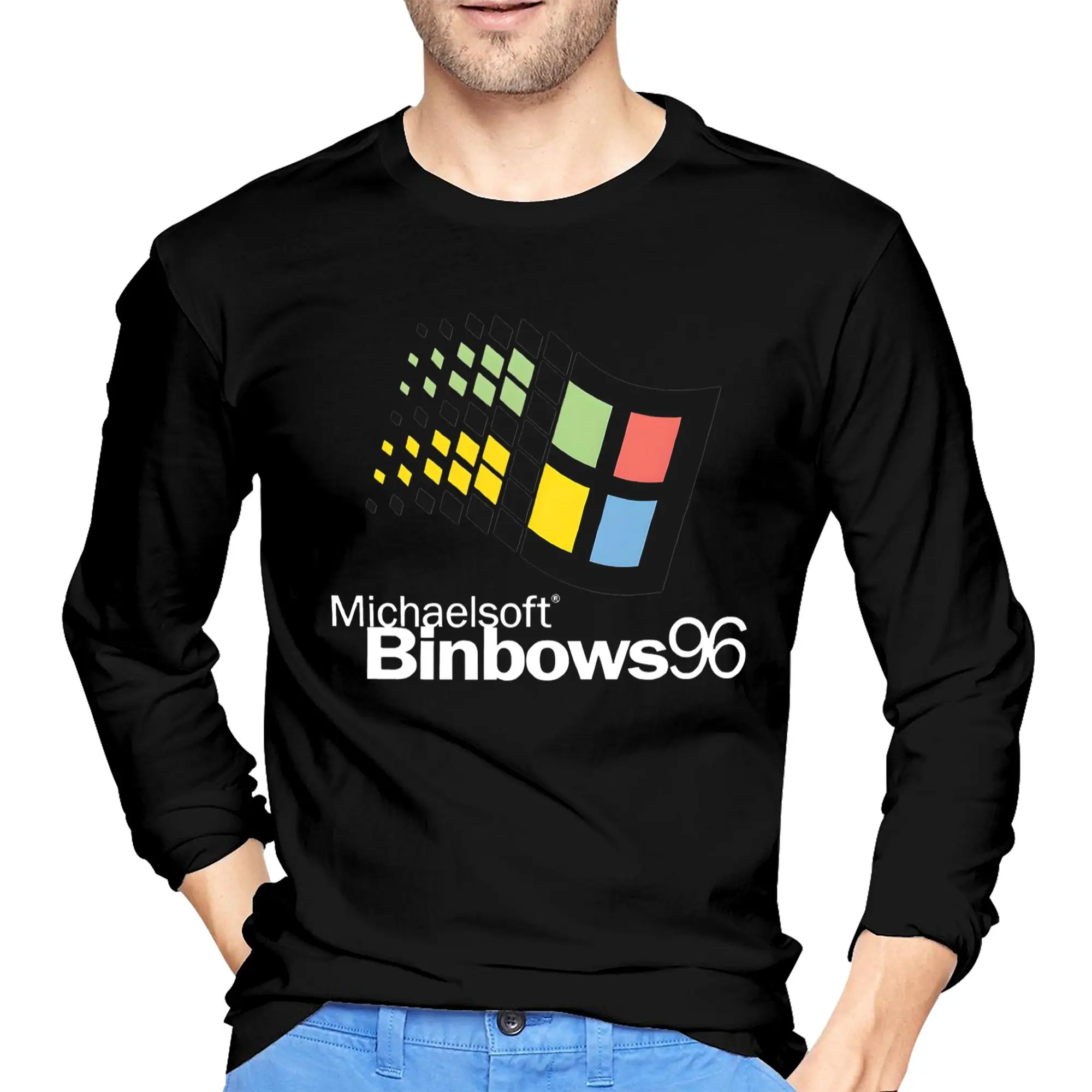 

Windows 95 Geeks Nerd Mesh Men's Long Sleeved T-shirt Casual Round Neck T shirts Spring and Autumn Men tops