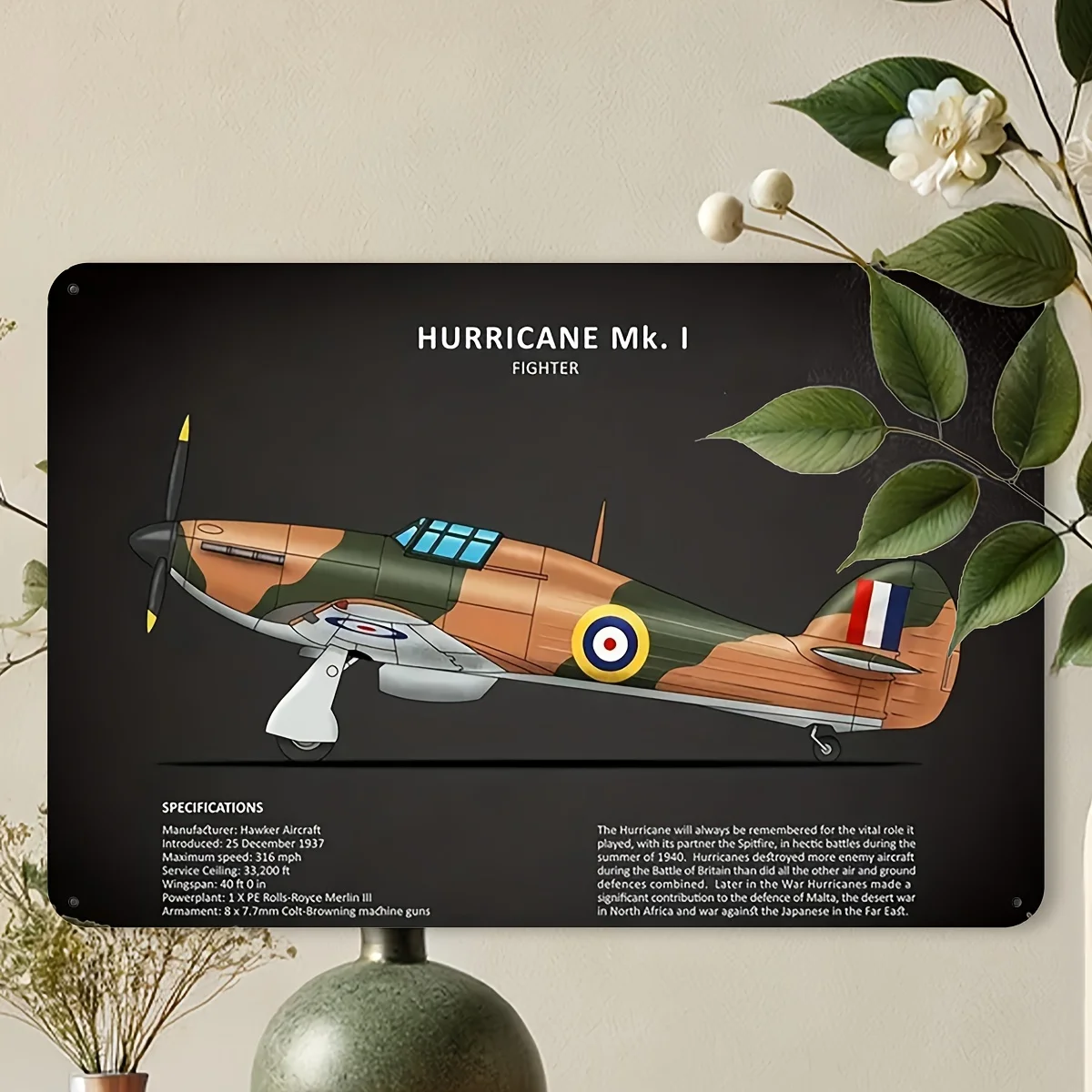 , Hurricane Fighter Mk.1 Tin Sign, , Vintage Aircraft Wall Art, Decorative Plaque for Home, Dining, Bar, Cafe, Garage Decor, Art