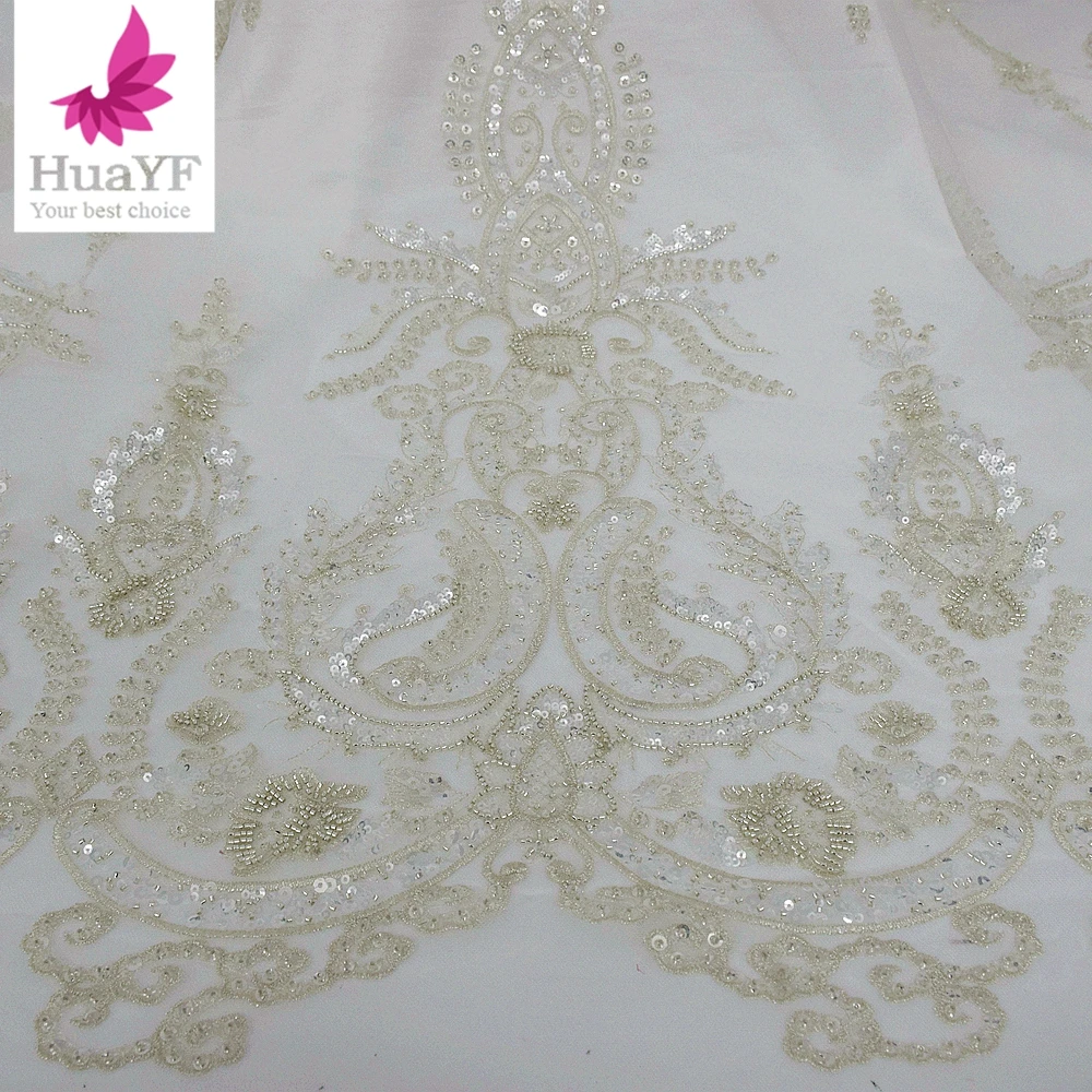 Luxury white French embroidered lace bridal lace fabric, European and American high-end bead tube sequin fashion we Sell By Yard